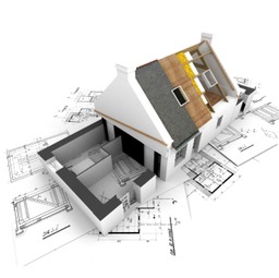 House with exposed roof layers and plans